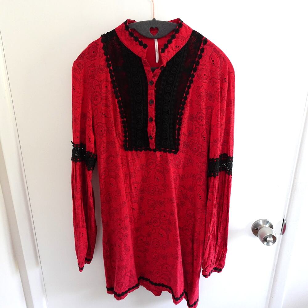 Free People Red Linen Blend Mini Dress Size 4 Floral Crochet Boho Retro Western